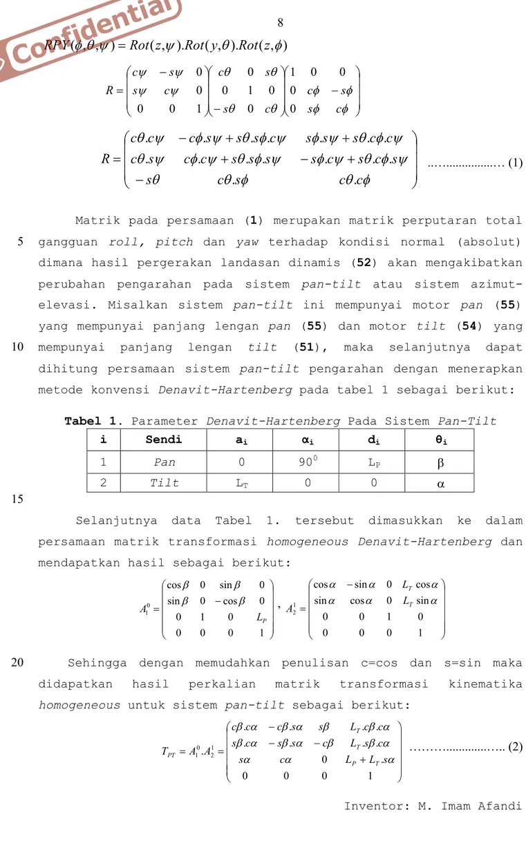 Tabel 1. Parameter Denavit-Hartenberg Pada Sistem Pan-Tilt