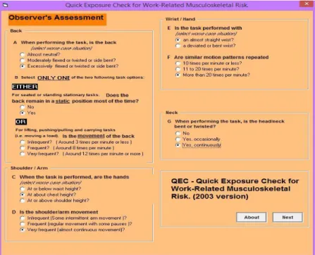 Gambar 1. Input data hasil kuesioner pengamat dengan menggunakan Software Quick  Exposure ChecklistVer