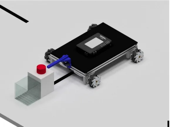 Gambar  11.  Robot  dengan  perangkat  pendorong  berada  di  depan  Standbox  untuk  mendorong  benda  kerja  masuk  ke  dalam  Dropbox  dari  akrilik  warna  bening di belakangnya 