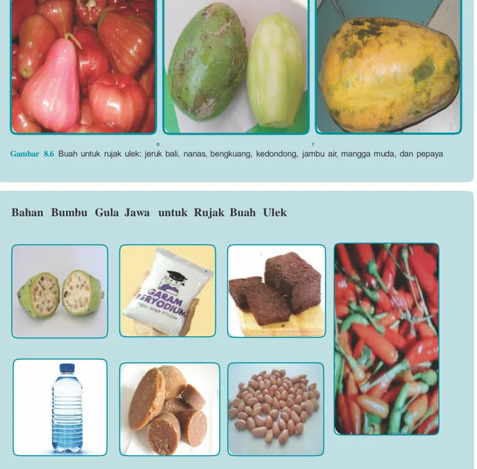 Gambar   8.7  Bumbu  untuk  rujak  ulek:  pisang  batu,  garam,  terasi,  cabai  rawit,  kacang  tanah,  gula  jawa,  dan  air