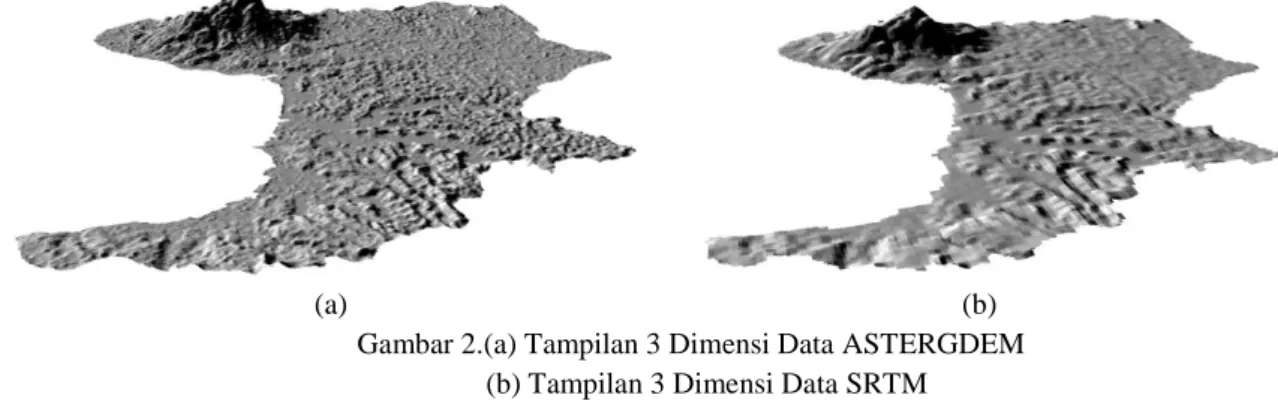 Gambar 2.(a) Tampilan 3 Dimensi Data ASTERGDEM      (b) Tampilan 3 Dimensi Data SRTM