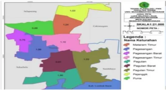 Gambar 1. Lokasi KKN Wilayah Punia (Kode 0.88 warna hijau)  Sumber: Perencanaan Wilayah dan Kota Universitas Muhammadiyah Mataram 