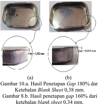 Gambar  10  menunjukkan  hasil  percobaan  dengan  penetapan  blank  holder  gap sebesar 180% dan 160 % dari ketebalan  blank  sheet  atau  masing-masing  setara  dengan  0.38  mm  dan  0,34  mm