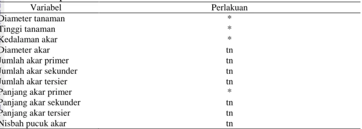 Tabel 1 Hasil sidik ragam pengaruh perlakuan terhadap dimensi tanaman dan    sistem perakaran  Variabel  Perlakuan  Diameter tanaman  *  Tinggi tanaman  *  Kedalaman akar  *  Diameter akar  tn 
