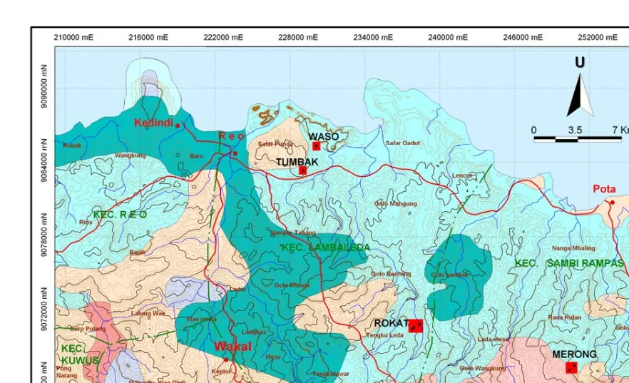 Gambar 4. Peta Lokasi Keterdapatan Cebakan Mangan dalam peta geologi regional P. Flores