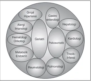Gambar 1. Bagan kesatuan unsur-unsur Ilmu Penyakit dalam yang bersifat holistik  (12 bidang Ilmu Penyakit Dalam)