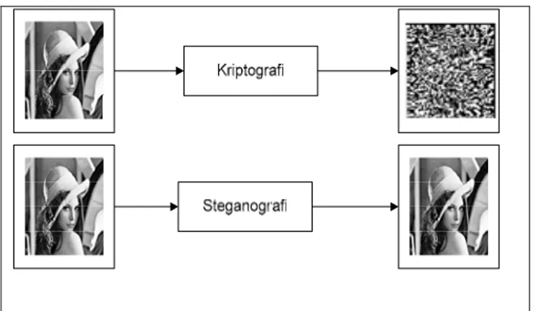 Gambar 2.1. Ilustrasi kriptografi dan steganografi pada citra digital.  