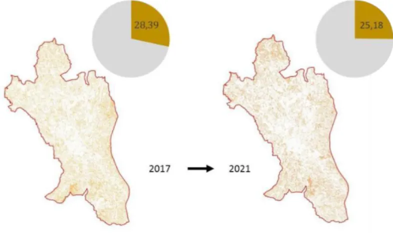 Gambar 7. Penurunan persentase luas lahan dan fragmentasi areal pertanian  perkotaan terhadap luas wilayah studi (perbandingan tahun 2017 dan 2021) 