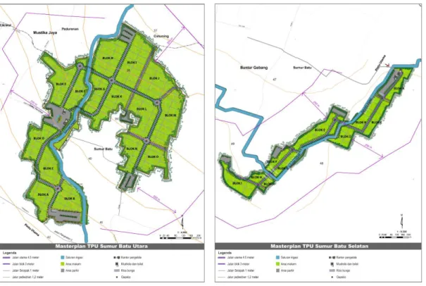 Gambar 3. Master Plan TPU Sumur Batu Utara (kiri) dan Master Plan TPU Sumur Batu Selatan (kanan)  (Sumber: diolah dari Siteplan TPUJatisari, UPTD pemakaman dan analisis (2017)) 