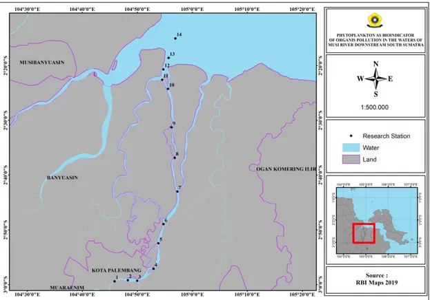 Gambar 1.  Lokasi penelitian di perairan Sungai Musi bagian hilir hingga muara Sungai Musi,  Sumatra Selatan