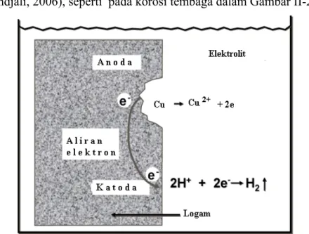 Gambar II-2.  Proses korosi pada logam Cu. Atom Cu pada permukaan logam    melarut membentuk lapisan tipis dan melepaskan e -  ke dalam  logam, korosi berlangsung secara depolarisasi dengan  memindahkan e -  dari logam  ke H + (Virtual textbook, 2005)