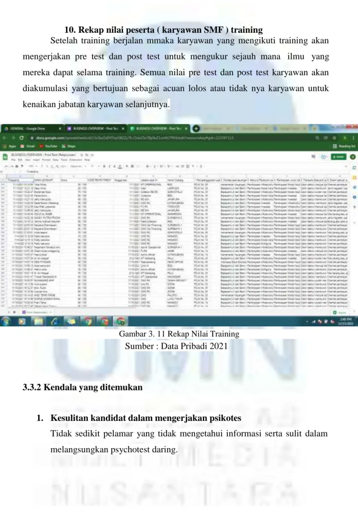 Gambar 3. 11 Rekap Nilai Training   Sumber : Data Pribadi 2021 
