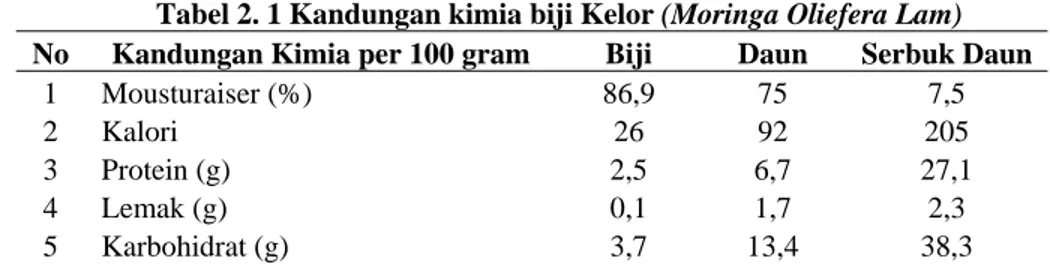 Tabel 2. 1 Kandungan kimia biji Kelor (Moringa Oliefera Lam)  No  Kandungan Kimia per 100 gram  Biji  Daun  Serbuk Daun 