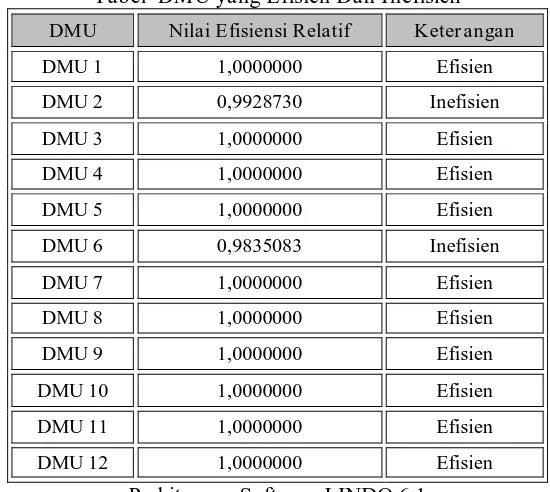 tabel merupakan efisiensi relatif dari tiap DMU sedangkan variansi besar bobot yang diterima oleh tiap DMU menunjukan bahwa setiap faktor memberikan konstribusi yang berbeda pada setiap DMU artinya jika faktor mendapat bobot yang besar hal ini menunjukan bahwa faktor 