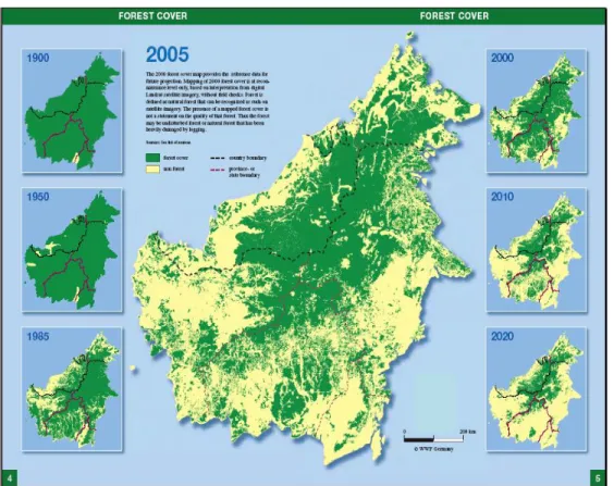 Gambar 1: Peta Tutupan Hutan tahun 1990, 1950, 1965, 2000, dan 2005, serta Peta Proyeksi  Tutupan Hutan tahun 2010 dan 2020 berdasarkan kecendrungan tahun 1900-2005 