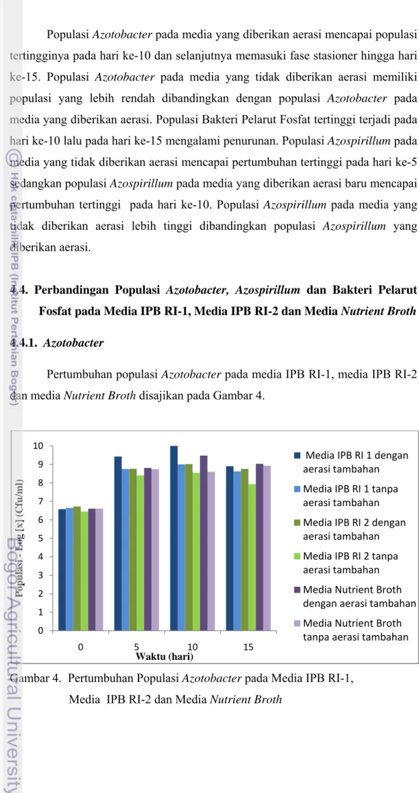Gambar 4.  Pertumbuhan Populasi Azotobacter pada Media IPB RI-1,        Media  IPB RI-2 dan Media Nutrient Broth 