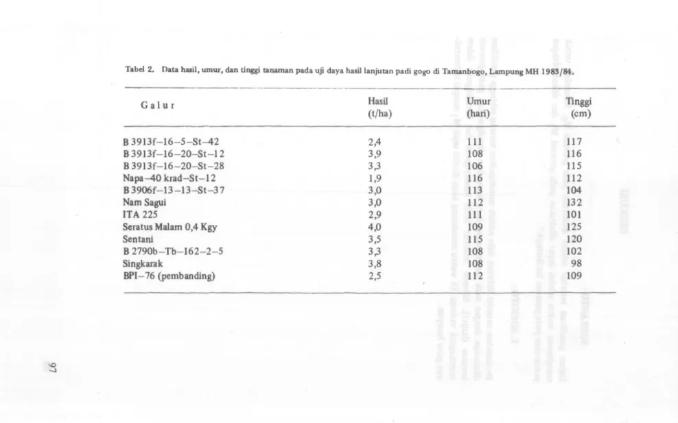 Tabd 2. Data hasil, umur, dan tinggi tanaman pad a uji day a hasillanjutan padi gogo di Tamanbogo, Lampung MH 1983/84
