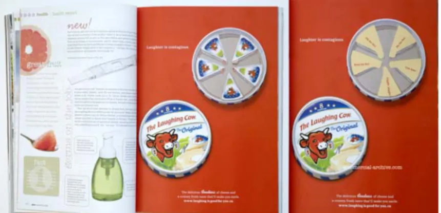 Gambar 2.2 Iklan interaktif The Laughing Cow dalam majalah Glow. (sumber: commercial-archive.com) 