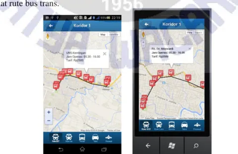 Gambar 14 Tampilan Rute Bus Trans (Android kiri, Windows Phone kanan) 