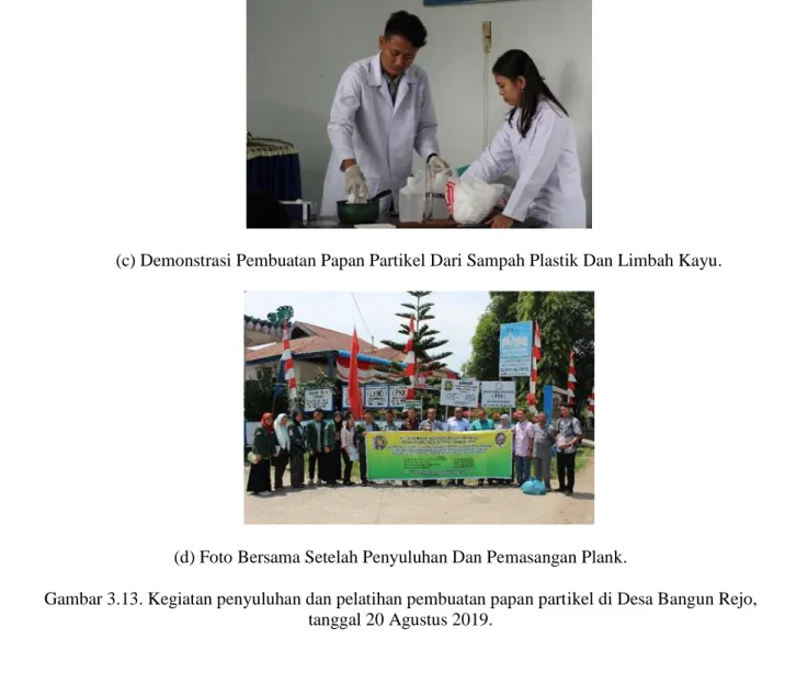 Gambar 3.13. Kegiatan penyuluhan dan pelatihan pembuatan papan partikel di Desa Bangun Rejo,  tanggal 20 Agustus 2019