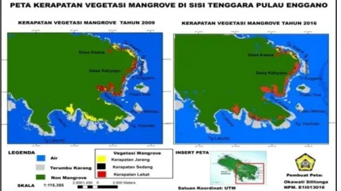 Gambar 3. Peta kerapatan vegetasi mangrove Tahun 2009 dan 2016   Gambar 3 menunjukkan  perubahan kerapatan mangrove di setiap  wilayah seperti pada Teluk Labuho dan Tanjung Kaohabi pada tahun 2009  masih  dominan  terhadap  kelas  kerapatan  jarang  sedang