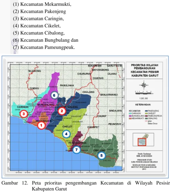 Gambar  12.  Peta  prioritas  pengembangan  Kecamatan  di  Wilayah  Pesisir  Kabupaten Garut 1324 567