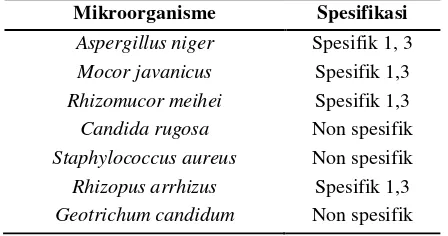 Tabel 4. Spesifikasi lipase dari berbagai sumber mikroorganisme 