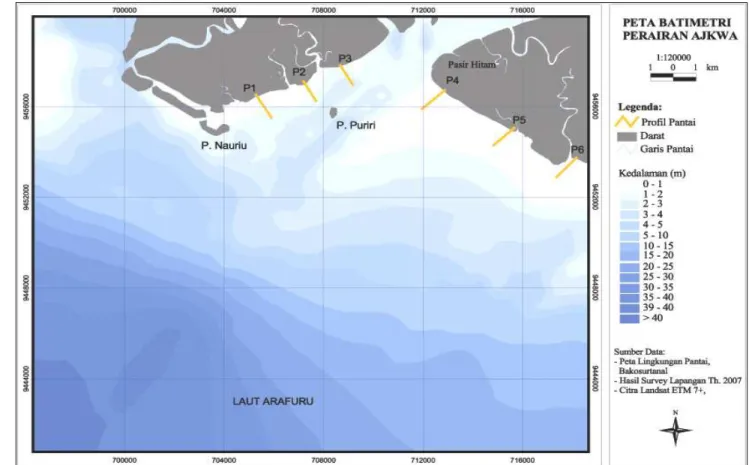 Gambar 14  Kondisi batimetri perairan Ajkwa.  Tabel 11  Data kemiringan pantai pada kedalaman referensi 3 m 