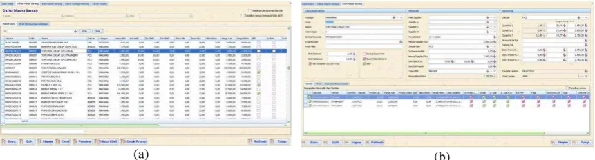 Gambar 6. (a) Daftar master data barang; (b) Form entri master data barang  