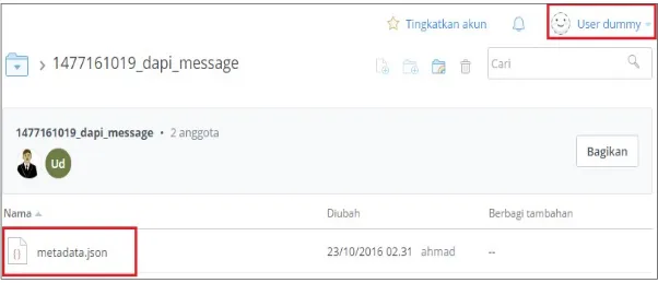 Gambar 9 menunjukan pesan yang dikirimkan telah masuk ke Dropbox Penerima. Pesan yang  diterima berupa file JSON (metadata.json)