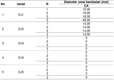 Tabel 3. Hasil Pengukuran Diameter Zona Hambatan dari  Isolat Jamur