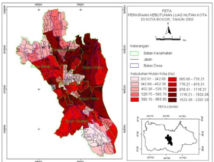 Gambar 3. Peta kebutuhan hutan kota di Kota Bogor tahun 2003 