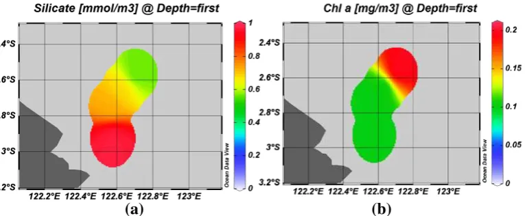 Gambar 7 (a) Variabilitas silikat dan (b) klorofil-a hasil pengukuran pada bulan September 