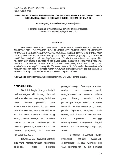 ANALISIS PEWARNA RHODAMIN B DALAM SAUS TOMAT YANG BEREDAR DI KOTA ...