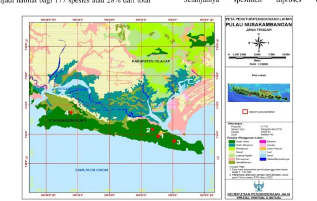Gambar 1. Lokasi pengambilan spesimen di Nusa Kambangan, yaitu (1) Sodong, (2) Limus Buntu, (3) Karang Tengah,  dan  (4)  Karang  Anyar