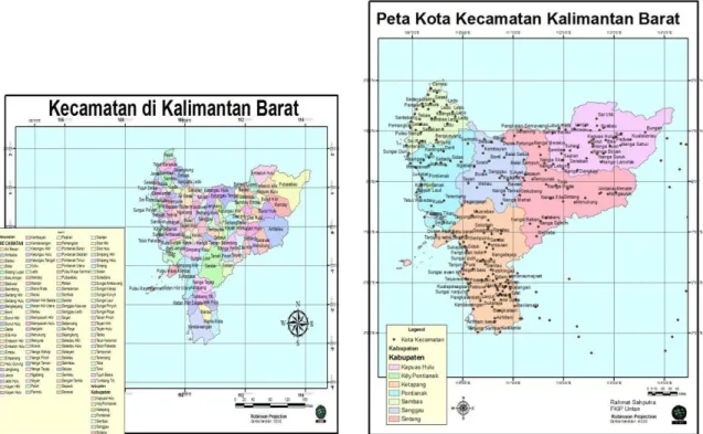 Gambar 1.  (a)  Peta kecamatan yang terdapat diwilayah studi; (b) Pusat-pusat kota di  setiap kecamatan 