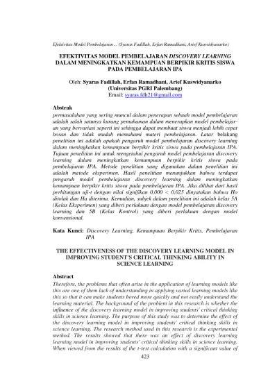 Efektivitas Model Pembelajaran Discovery Learning Dalam Meningkatkan Kemampuan Berpikir Kritis