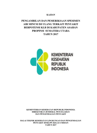 Pengambilan Dan Pemeriksaan Spesimen Air Minum Isi Ulang Terkait Penyakit Berpotensi Klb Di 