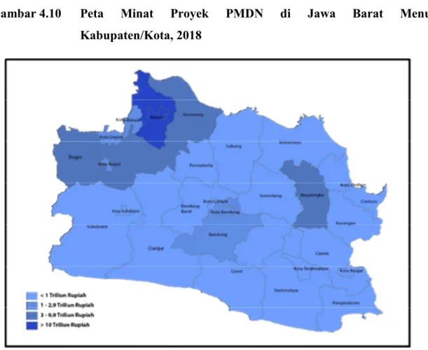 Gambar 4.10 Peta Minat Proyek PMDN di Jawa Barat Menurut Kabupaten/Kota, 2018