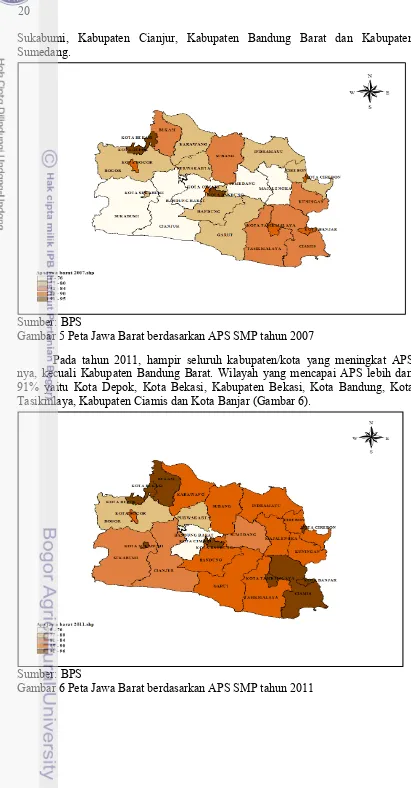 Gambar 5 Peta Jawa Barat berdasarkan APS SMP tahun 2007 