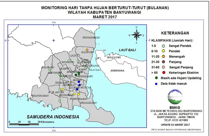 Gambar 14. Peta Monitoring Hari Tanpa Hujan berturut-turut Maret 2017 di Banyuwangi   (Sumber: BMKG Banyuwangi) 