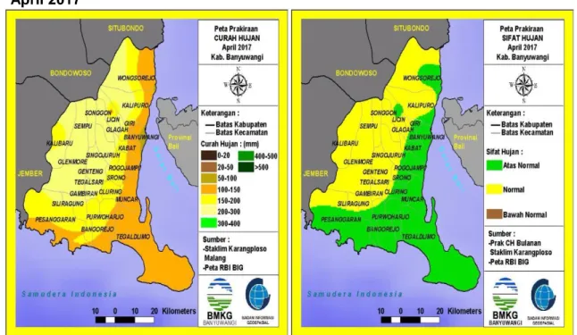Gambar 16. Prakiraan Curah Hujan dan Sifat Hujan   April dan Mei 2017 Banyuwangi (Sumber:BMKG) 