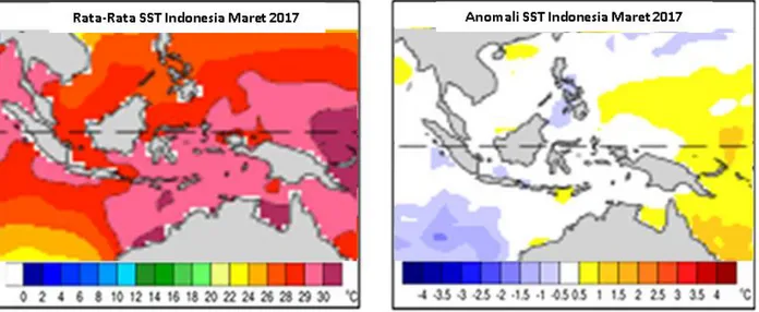 Gambar 6. Suhu Muka Laut Perairan Indonesia dan Anomalinya bulan Maret 2017 (sumber: NOAA) 