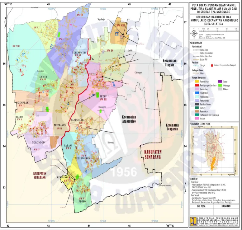 Gambar 1. Peta Lokasi Pengambilan Sampel Air Sumur Dusun – Dusun Di                                       Sekitar TPA Ngronggo, Salatiga 