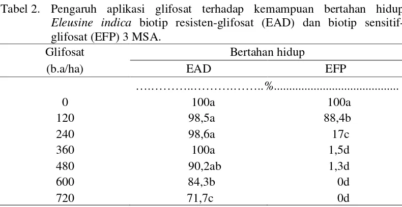 Tabel 2. Pengaruh aplikasi glifosat terhadap kemampuan bertahan hidup           