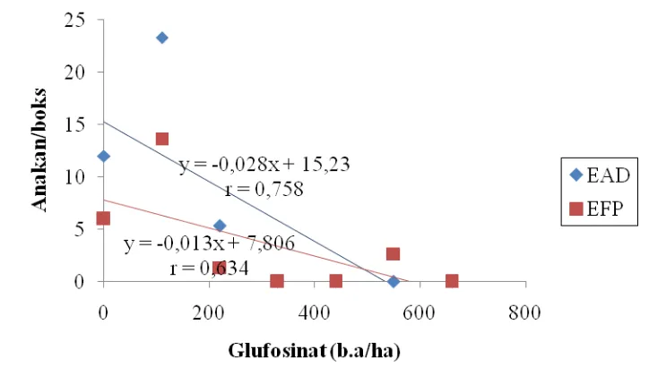 Gambar 6. Grafik perbandingan jumlah anakan  Eleusine  indica 6 MSA populasi EAD dan EFP pada glufosinat