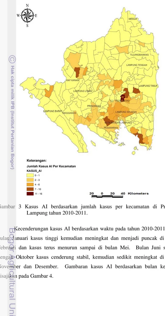 Gambar  3  Kasus AI berdasarkan jumlah kasus per kecamatan di Provinsi  Lampung tahun 2010-2011