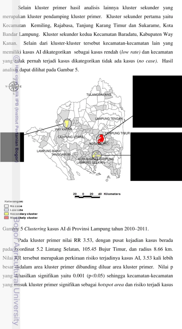 Gambar 5 Clustering kasus AI di Provinsi Lampung tahun 2010–2011. 