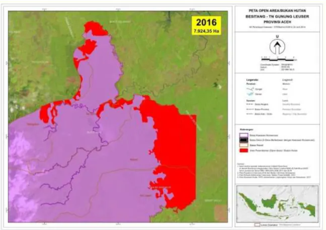 Gambar 03. Peta open area di daerah Besitang (merah), yang berada di dalam Kawasan konservasi