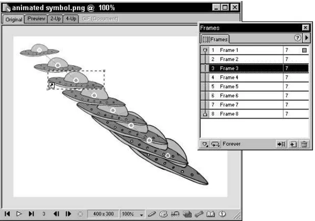 Figure 1-7: This single animation symbol is easily created and stretches across multiple frames of a Fireworks document.